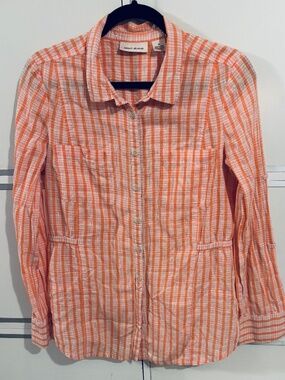 DKNYJeans Women’s Button Down Shirt White/Orange Stripes Sz Medium
